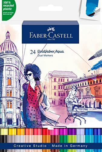Faber-Castell 164624 - Goldfaber Aqua Dual Marker, mit Pinselspitze und Fineliner Spitze, 24er Etui