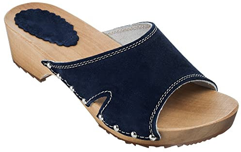 ESTRO Clogs Damen Holz Leder - Holzclogs Damen Clogs Leder Holzschuhe mit rutschfest Sohle CDL01 (38, CDL04 Dunkelblau)