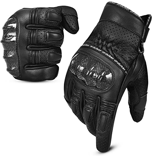 Oro Biker Leather Motorbike Gloves Mens, Carbon Knuckle Touchscreen Motorcycle Gloves, Extra Grip Road Racing Riding Gloves (Black, S)