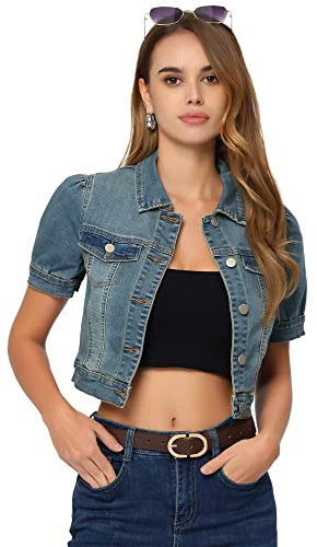 Allegra K Women's Washed Denim Jacket Button Closure Puff Short Sleeve Crop Jean Top Blue XL