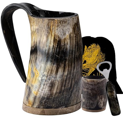 FENRIR Premium Viking Trinkhorn-Tasse, authentische Lebensmittelqualität, mit kurzem Glas und Flaschenöffner, für Ale Bier, Kaltgetränke, 473 ml, 3-teiliges Set, Größe 16,5 cm