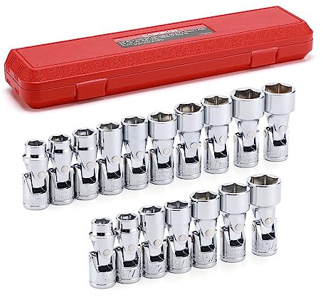 CASOMAN Universal-Flex-Steckschlüssel-Set, SAE und metrisch, 10 mm bis 19 mm, 6-kant, CR-V, Schwenkkopf, 360-Grad-Zugang, 17-teilig