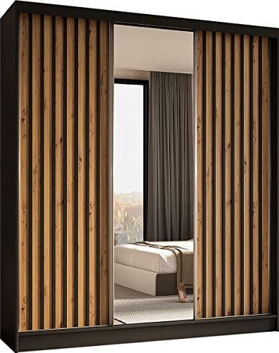 Moderner Kleiderschrank Schwebetürenschrank mit Spiegel und Holzlamellen 100 150 200 cm - Kleiderschrank für Schlafzimmer mit Schwebetüren - Kleiderstange - 180 cm - Schwarz / Schwarze Lamellen