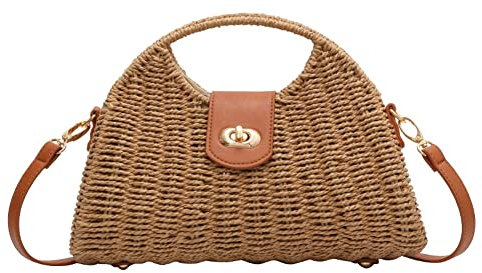 Sac à bandoulière en paille tissé à la main pour femme - Avec poignée supérieure en paille - Pour l'été et la plage, kaki, Taille unique