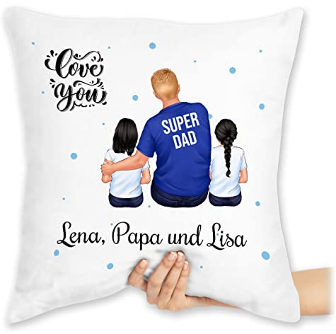 Kissen 40x40 Zierkissen - zum Vatertag - Super Papa Zwei Kinder I Bester Papa Geschenk Geburtstag - 40 x 40 cm - Weiß - Vatertagsgeschenk Vater von 2 töchter personalisiertes Vatertagsgeschenke