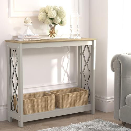 Galano Nova Console Table – Light Grey & Oak – Modern Entryway Table with Storage – Slim Hallway Bookshelf Cabinet – Space-Saving Console for Living Room, Foyer or Bedroom