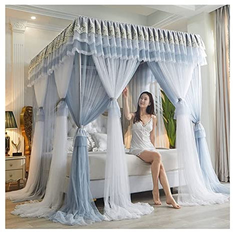 GLHalfM 4 Ecken Pfosten-Himmelbett-Vorhang, Prinzessin, bestickte Spitze, Rüschen, Betthimmel, Betthimmel-Vorhang für Mädchen und Erwachsene, Doppellagiges, durchsichtiges Mesh-Moskitonetz (Farbe: