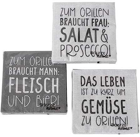 ReWu Servietten Grillen Sprüche 3er Set 60 Stück Papierservietten Motivservietten 17x17 cm Tischdekoration