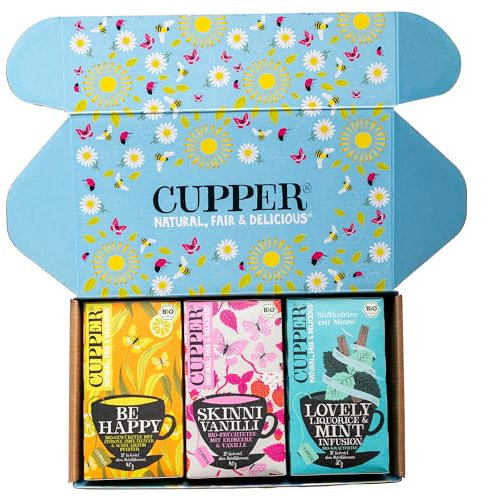 Cupper Bio Tee Set Lieblinge, Tee Geschenkset, Früchtetee, Kräutertee, drei verschiedene Sorten, 60 ungebleichte, plastikfreie Teebeutel, 3er Pack