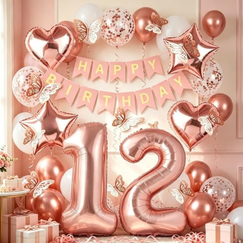 12th Birthday Decorations for Girls, Rose Gold 40 Inch Number 12 Foil Birthday Balloons with Happy Birthday Banner and Butterfly Stickers