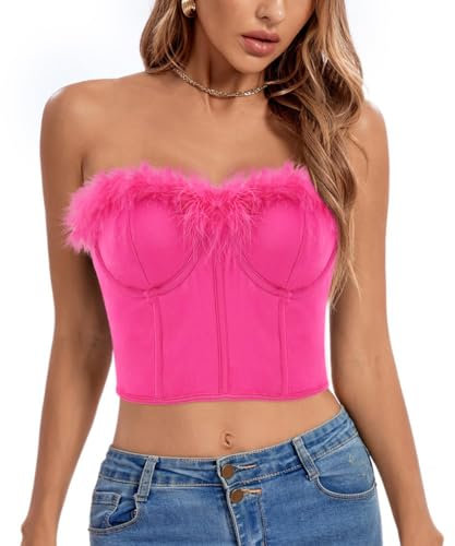 Naimo Corsetto da donna in pelliccia sintetica sexy crop top senza maniche, senza spalline, top Y2K, corsetto a fascia, corpetto, Colore: rosa., L