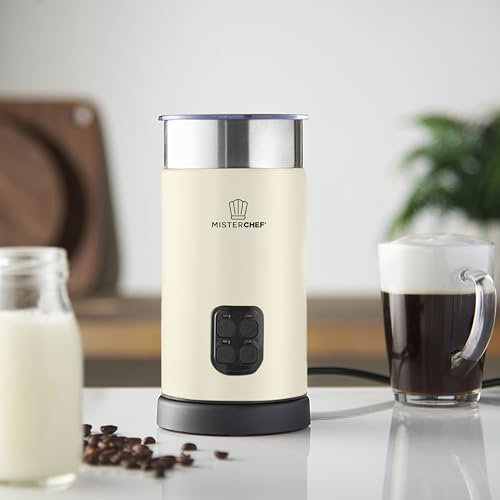 MisterChef Large 500W Automatic Milk Frother with 4 Silent Modes, Hot & Cold Milk Functionality, 300ml Milk Heating / 150ml Milk Frothing, Extra Whisks - Cream