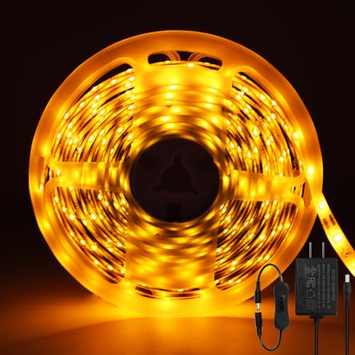 ShineBurky 12V LED Streifen Gelb 5M LED Strip 300 LEDs Flexibel Schneidbar | SMD2835 IP65 Wasserdichtes Selbstklebend Lichtband für Innen Schlafzimmer Kneipen Küche Weihnachten Deko (mit Netzteil)