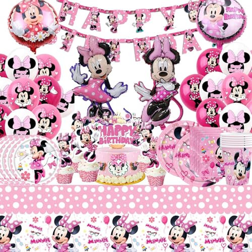 Vaisselle d'anniversaire Minnie Mouse,Vaisselle Minnie Mouse,Nappe d'anniversaire Minnie,Ballons d'anniversaire Minnie,pour Fête D'anniversaire d'enfants Filles