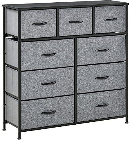 HOMCOM Commode 9 tiroirs Meuble de Rangement tiroir en Tissu Pliant - Structure Acier Noir - 100 x 30 x 100 cm, Chambre, entrée, Salon, Noir et Gris
