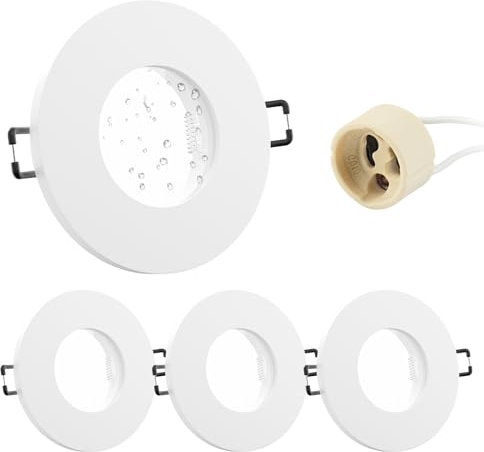 Doughelec 4er Einbaustrahler GU10 Rahmen IP65 Aluminium Weiß, Badezimmer Einbaurahmen Spot Einbauspots Rund Flach 68mm Lochdurchmesser inkl GU10 Fassung für LED Wasserdicht Einbauleuchten, 230V Matt