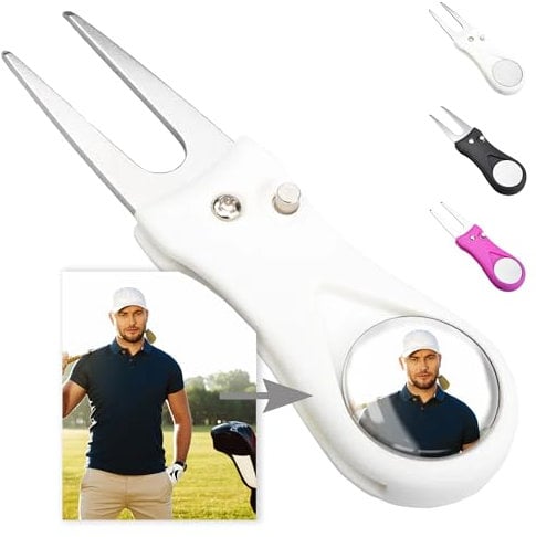 ibera gifts - Golf Pitchgabel mit magnetischem Golfball Marker personalisiert mit Foto, Edelstahl Pitchfork Golf Pitchgabel, 2,5 cm Bilddurchmesser, in Geschenktasche (Weiß)