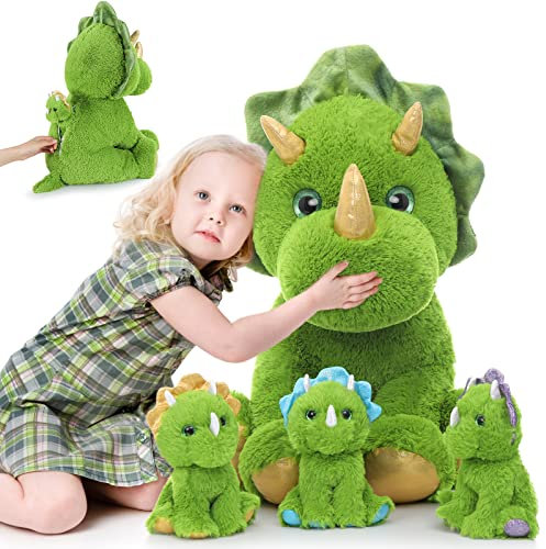 MorisMos 62cm hoch sitzend Dino Kuscheltier XXL mit 3 Plüschbaby im Bauch, Grün riesen Triceratops Stofftier Plüschtier groß, Weihnachten Geburtstag Geschenk Kinder Mädchen