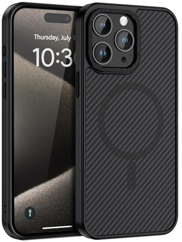 DUEDUE Case for iPhone 15 Pro Max Magnetic【Fit for Magsafe】Powerful Magnetic Shockproof Military Grade Drop Protection Anti-Scratch Carbon Fiber Metal Lens Back Case for iPhone 15 Pro Max 6.7, Black