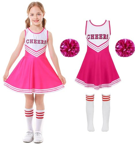 XFOZDM Cheerleader Kostüm Kinder Cheerleader Kostüm Kleid Mädchen Cheer Uniform mit Pompoms und Kopfschmuck Cheerleader Outfit Kinder für Faschingskostüme Halloween Karneval, Rosa 150
