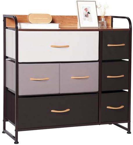 LYNCOHOME Kommode mit Schubladen aus Stoff, Sideboard Flur Schrank mit 7 Stoffschubladen und Fächern, Schubladenschrank Ordnungsmöbel für Küche Büro Bedroom