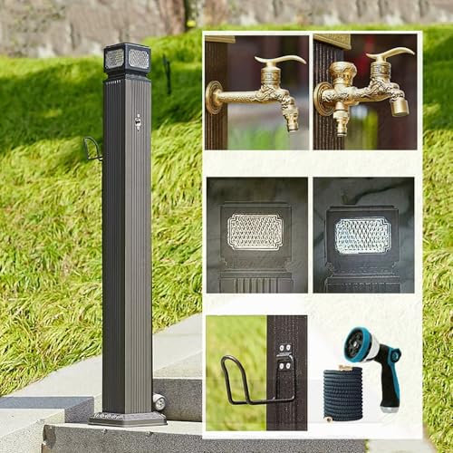 Lampe solaire à LED pour colonne d'eau, robinet d'extérieur, support de tuyau autoportant, robinet d'eau à montage au sol, robinet de jardin à double sortie avec pistolet pulvérisateur (marron) (Gris)