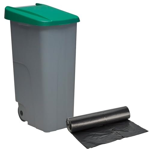 WELL HOME - Contenedor Cerrado 110L Verde H.88cm + Rollo 10 bolsas de basura 120L