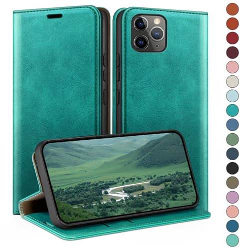 HUOUH Coque pour iPhone 11 Pro 5.8 avec RFID Blocage Etui à Rabat en Cuir de Premium,Fentes pour Cartes,Coques de Case,Cover à Rabat pour Apple 11 Pro Portefeuille Bleu Vert