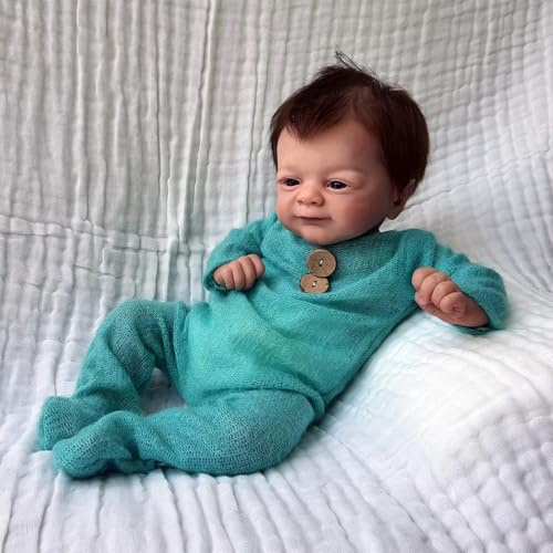 truly soft Lebensechte Baby Puppen-Reborn Dolls 18 Zoll Grüne Babypuppe, Stoffpuppe, Handgefertigt Puppe in Mintgrünem Strampler, 48 cm Reborn Puppe Neugeborene Baby-Jungen Mädchen Spielzeug Geschenk