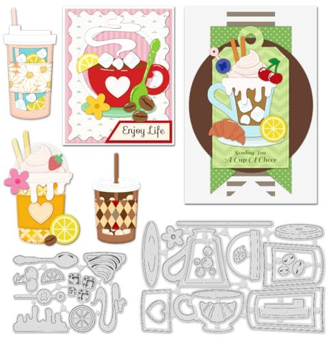 INFUNLY 5 Styles Drink Cup Cutting Die for Card Making Milk Tea Glass Die Cuts Coffee Cup Metal Cutting Die Ice-Cream Mug Die Cuts Tea Pot Embossing Stencils Template for DIY Scrapbooking Album Decor