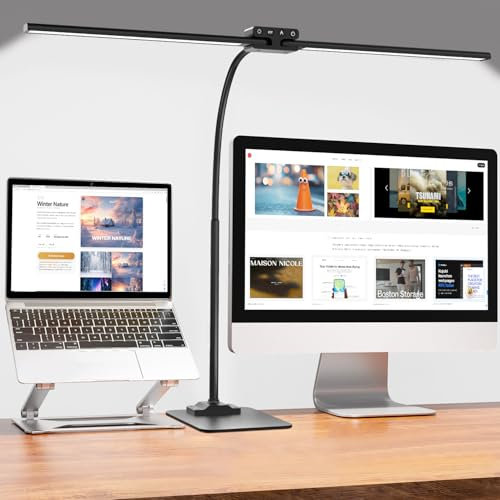 EppieBasic 24W Doppelkopf Schreibtischlampe LED Dimmbar mit Metallbasis, 80cm Groß Schreibtischlampe für Homeoffice, Augenschutz Schwanenhals Büro Tischlampe, Monitor Lampe, Tageslichtlampe - Schwarz