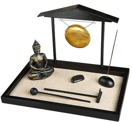 Loveria Zen Garten Miniatur 'Buddha', Schwarz | 28x19cm | Set mit Sand, Figur, Metallgong, Kurzhake, Schieber, Buddha-Figur, Tablett | Auszeit am Schreibtisch