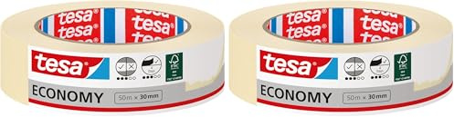 tesa Malerband ECONOMY - Vielseitiges Klebeband für Malerarbeiten ohne Lösungsmittel - Bis zu 4 Tage nach Gebrauch rückstandslos entfernbar, 50 m x 30 mm (Packung mit 2)