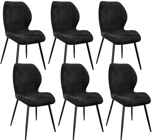 FRUOGO Esszimmerstühle 6er Set,Esszimmerstühle Modern,Küchenstuhl,mit Leinen Schwamm Kissen, Metallbeine und Diamant-Muster Gepolstert-Schwarz.