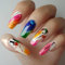 24Pcs Smudge Press on Nails, Acrylic Full Cover Coffin Nails – Colorful Smudge and Black Lines Design, Medium Ballet Shape