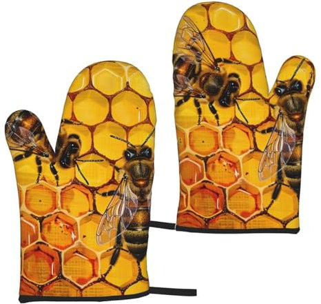 Ofenhandschuhe mit Bienenwaben-Druck, wasserdicht, hitzebeständig, Küchenhandschuhe zum Kochen, Backen, Grillen, 2 Stück
