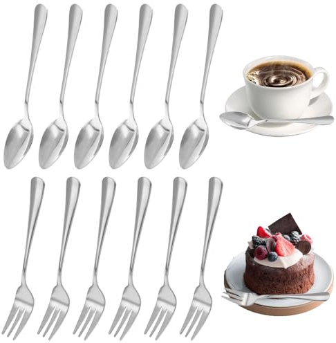 GOIYZTTR Juego de 24 Tenedores y Cucharas de Postre de Acero Inoxidable Cuchara de Mesa y Tenedor de Mesa Plata, Seguridad del Lavavajillas (12 Tenedores+12 Cucharas)