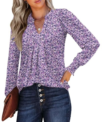 Rapbin Langarmshirt Damen V-Ausschnitt Plissee T-Shirt Business Outfit Puffärmel Festliche Blusen(Lila weiße Flora,XL)