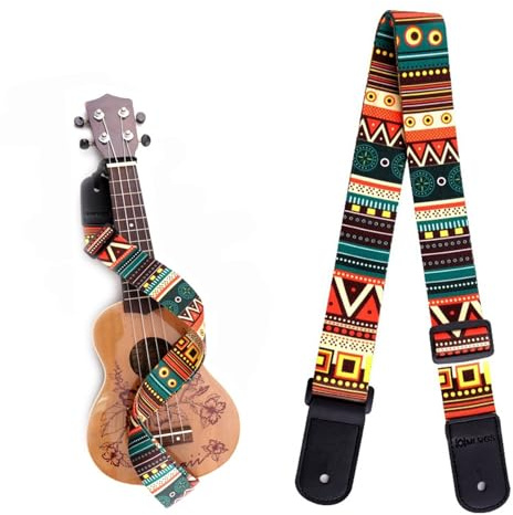 Ukulele Strap, Adjustable Printing National Style Ukelele Shoulder Strap, Unique Ukulele Strap with Soft PU Leather Ends Suitable for Soprano Concert Tenor and Baritone Ukulele String Instruments