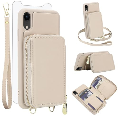 Phone Case for iPhone XR 6.1 Wallet Cell Cover with Tempered Glass Screen Protector Crossbody Strap RFID Blocking Card Holder iPhoneXR iPhone10R i Phonex 10XR 10R RX CR iPhoneXRcases Women Men Beige