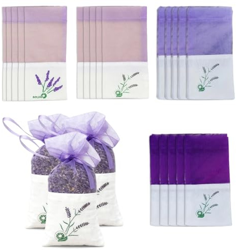 Lavender Bags 40 Pack Empty Sachet Bag 4 Styles - Purple Cotton Gauze Drawstring Bags Lavender Sacks for Filling Dried Flowers Herbs Potpourri - DIY Aromatherapy Wardrobe Freshener Gift Making (9A)