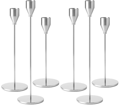 Druuzyl 6er-Set Silber Kerzenständer für Stabkerzen 33/29/23cm - Metall Kegel Kerzenhalter Vintage Hochzeitsdekoration - Ideal für Romantische Candle Light Dinners & Jubiläen (Silber)