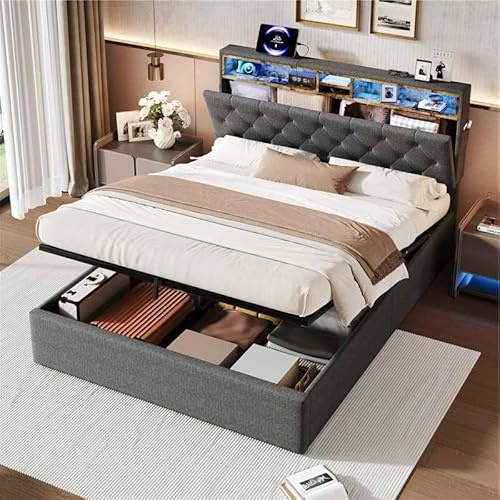 BTM King Size Bed with Concealed Headboard Storage, RGB LED Lighting and Charging Station, USB and Type-C Ports, King Size Bed Frame with Storage, Linen, Grey (5ft-150x200cm, No Mattress)
