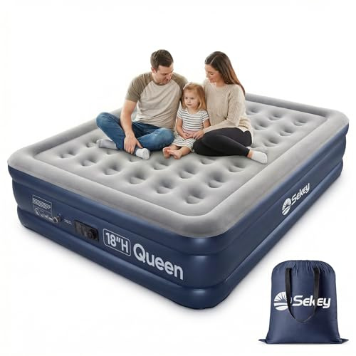 Sekey Queen Air Mattress with Built-in Pump, 18 Raised Inflatable Bed with Anti-Deflation Technology, Odorless & Puncture Resistant Blow Up Mattress for Home Guests & Travel, 660 lbs Capacity