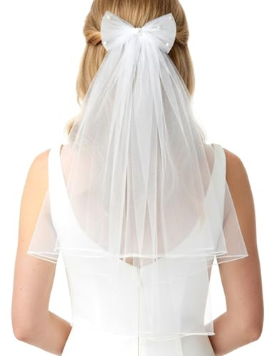 Classicseali 58 cm Schleier Braut mit Schleife, Brautschleier Kurz | Bridal Veil, Wedding Veil, Junggesellinnenabschied für Hochzeiten, Erstkommunion, Verlobungen, Bälle, Partys, Auftritte