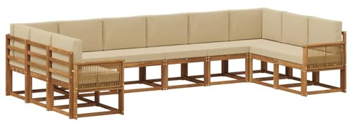 vidaXL Outdoor-Sofagarnitur 10 pcs Natur und Beige Massivholz Akazie, Gartenliege, modernes Lounge Set, wetterbeständige Möbel, perfekte Sitzgruppe für den Außenbereich