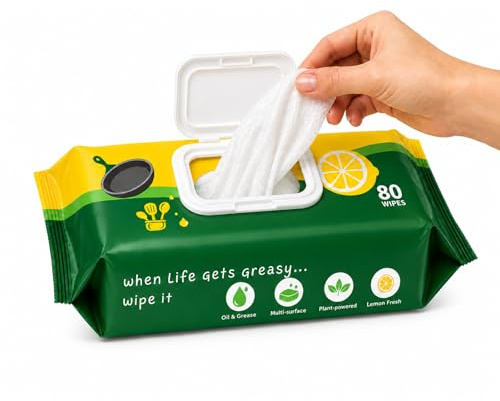 Heavy Duty Cleaning Wipes, Industrial Strength Multi Surface Cleaning Wipes | Compatible with Flash Speed Mop, Surface Wipes for Kitchen, Garage, Workshop, Grease, Oil, Lemon Scent - 80 Count(Pack of 1)