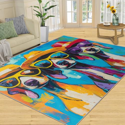 YXQAIED Coole Hunde Fußmatte 50x80 cm, Farbenfrohe Pop-Art Teppich Weicher Waschbarer Antirutsch Hunde-Graffiti Kurzflor Teppich für Eingangsbereich Bettvorleger
