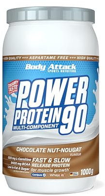 Body Attack POWER PROTEIN 90 - Chocolate Nut Nougat - 1kg Dose - Mehrkomponenten Protein Pulver, Made in Germany - Mit BCAA, Vitaminen & L-Carnitin - Protein Shake extra cremiger Geschmack