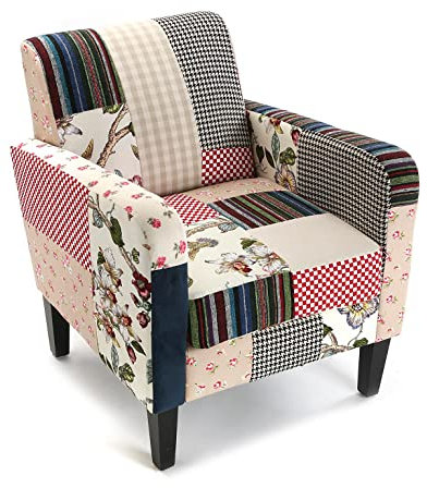 Versa Romantic Patchwork Sessel für Wohnzimmer, Schlafzimmer oder Esszimmer, bequemer und Anderer Sessel, mit Armlehnen, Maßnahmen (H x L x B) 71 x 77 x 65 cm, Baumwolle und Holz, Farbe: Blau